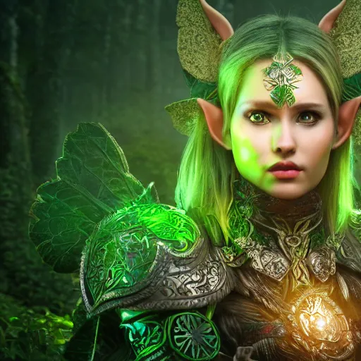 Image similar to portrait elf warrior in the forest, glowing, ornate and intricate green armour, jaw dropping beauty, glowing background lighting, green accent lighting, hyper detailed, fairy tale, 4 k octane render