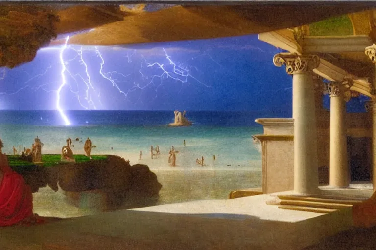 Image similar to mediterranean balustrade and columns, refracted lightnings on the ocean, thunderstorm, sun rays, greek pool, beach and Tropical vegetation on the background major arcana sky and occult symbols, by paul delaroche, hyperrealistic 4k uhd, award-winning, very detailed paradise