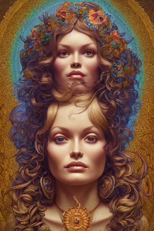 Prompt: portrait of goddess brigitte bardot by artgerm, mandala, rococo, vivid color, complementary color, golden ratio, detailed, sharp lines, sharp focus, intricate, rainbowshift, by maxfield parrish, by peter mohrbacher, by gustave dore, by alphonse mucha, deviantart, octane render