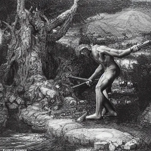 Image similar to Adam shooting the snake with an AK-47 in the heavenly gardens, biblical painting by Gustave Doré, black and white palette, detailed