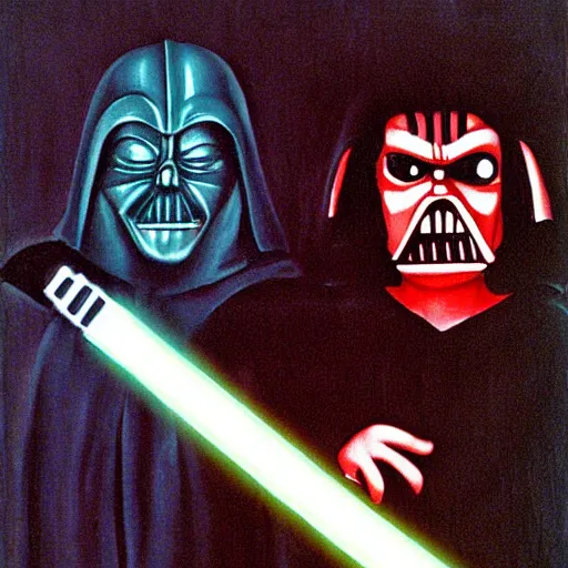 Prompt: morbius holding a light saber facing darth vader, by frida khalo