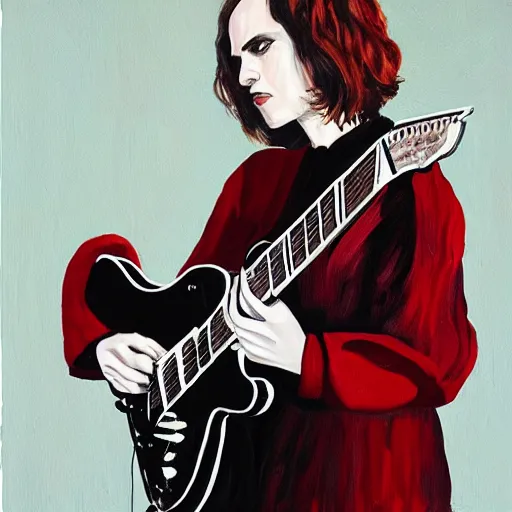 Prompt: Anna Calvi playing electric guitar, oil painting by Martine Johanna