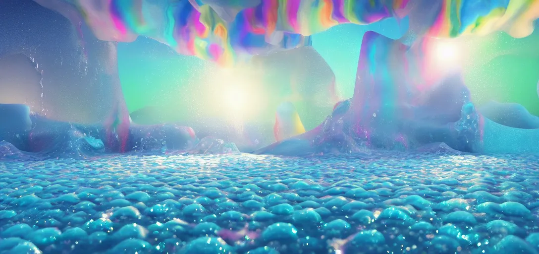 Image similar to surrealistic render of a icy candy landscape, sugar dust, colourful liquid bubbling, iridescent skies, waves, bubbles, reflections, refractions, caustics, dappled light, cinematic lighting, ultra detailed, sharp, ambient occlusion, raytracing, 3 d artstation render by greg rutowski, finnian macmanus and jessica rossier