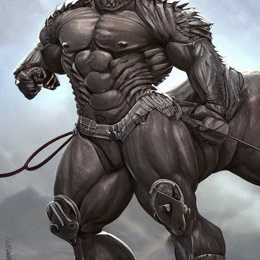 Prompt: a musclebound anthropomorphized horse with mountainously bulging muscles wearing a tight leather battle outfit while protecting a facility, equine, highly detailed, digital painting, artstation, sharp focus, game art, concept art, illustration, art by artgerm, greg rutkowski, wlop