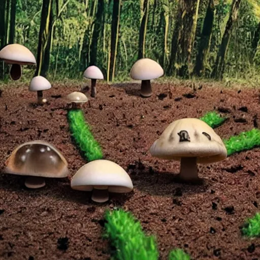 Image similar to Aliens in the shape of mushrooms being harvested by hippies in the woods, with UFO flying around, realistic