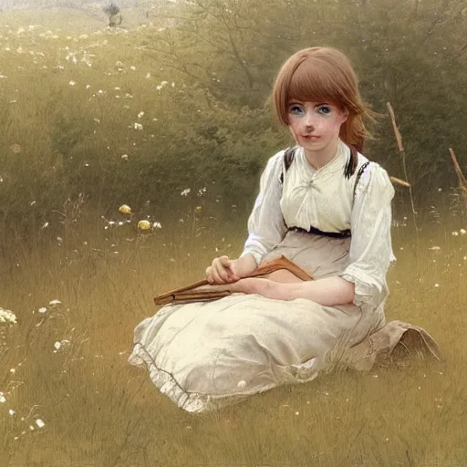 Image similar to a girl sitting in a meadow, portrait, art by walter langley, anime wallpaper, pixiv, walter langley style