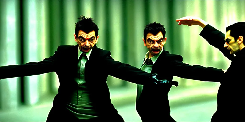 Image similar to hyper realistic, production still of neo ( ( mr. bean ) ) in the movie, the matrix ( 1 9 9 9 ), in an action fight sequence, 4 k, highly detailed, anamorphic