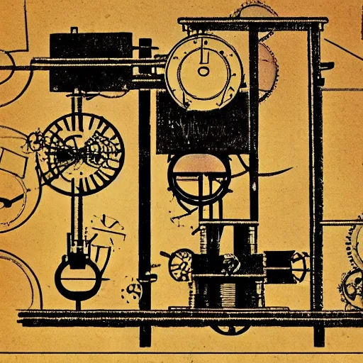 Image similar to schematic of a steampunk physics apparatus, by Leonardo Da Vinci