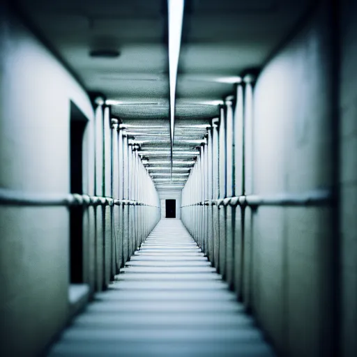 Image similar to The wide hallways in a futuristic prison underground, brutalist liminal architecture, sigma 85mm f/1.4, 4k, depth of field, high resolution, 4k, 8k, hd, full color