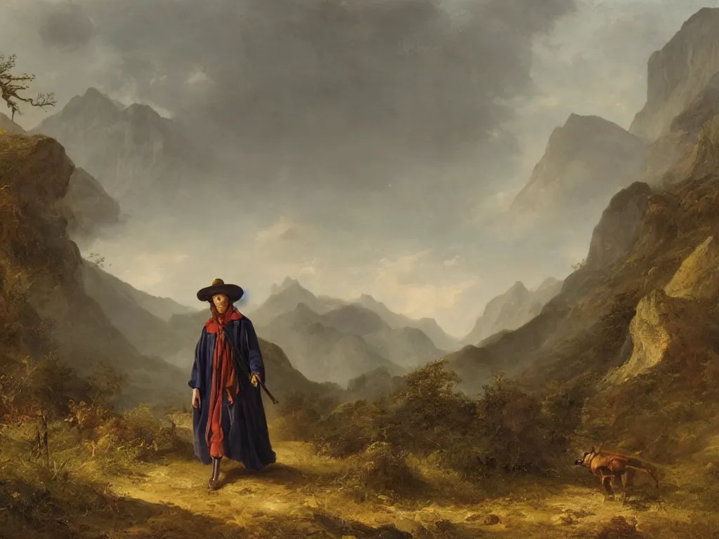 Prompt: a man in a cloak and a brimmed hat with a staff is wandering trough the mountains with a wooden cabin in the distance in the style of neo-romanticism