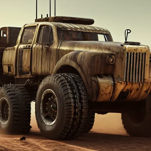 Image similar to a mad max truck with gatling guns on the side, au naturel, hyper detailed, digital art, trending in artstation, cinematic lighting, studio quality, smooth render, unreal engine 5 rendered, octane rendered, art style by klimt and nixeu and ian sprigger and wlop and krenz cushart