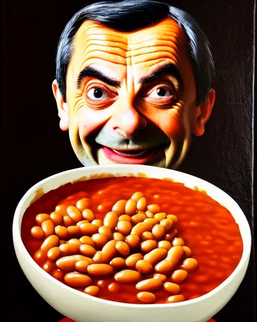 Image similar to portrait of mr bean smiling in a bowl full of baked beans, his face made of beans and tomato sauce, mr bean face, oil painting, highly detailed