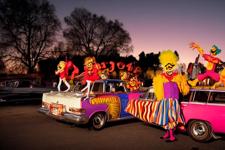 Image similar to 2 0 clowns leaving a clowncar at a california drive in, in 2 0 1 2, cutecore clowncore, bathed in the the glow of the sunset, low - light photograph, in style of henry selick