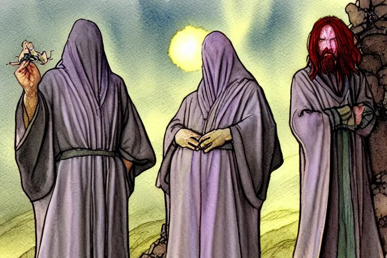 Image similar to a realistic and atmospheric watercolour fantasy character concept art portrait of a three christians wearing robes standing in front of a small fat chibi grey alien. they are emerging from the mist on the moors of ireland at night. a ufo is in the sky. by rebecca guay, michael kaluta, charles vess and jean moebius giraud