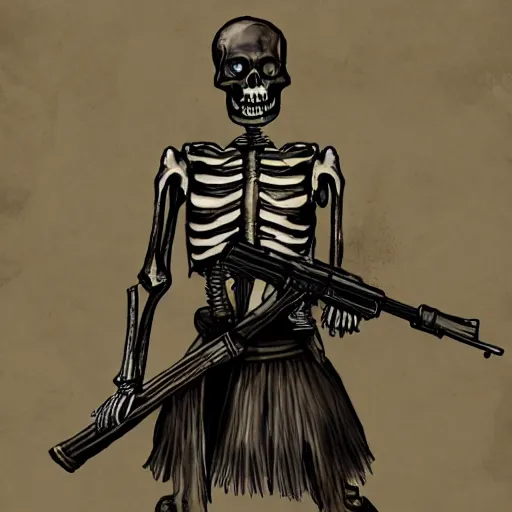 Image similar to photo of Skeleton zombie russian warrior with ak-47 asiimov, photorealism,