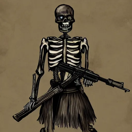 Prompt: photo of Skeleton zombie russian warrior with ak-47 asiimov, photorealism,