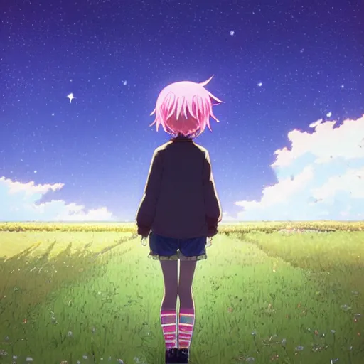 Image similar to a super detailed moe protagonist girl with pink hair in a field by inio asano, beeple and james jean, aya takano color style, 4 k, super detailed, night sky, digital art, digital painting, celestial, majestic, colorful