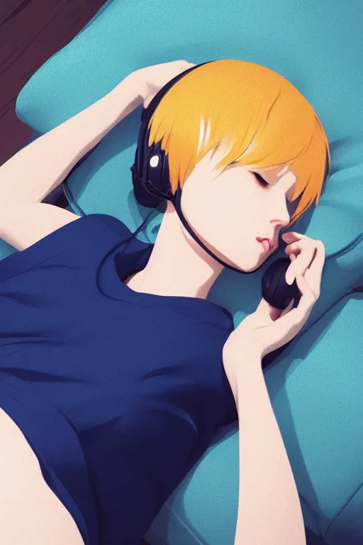 Image similar to a cute young woman lying on a couch while listening to music with her eyes closed and wearing headphones by Ilya Kuvshinov and Range Murata, white bob cut hair, blue filter, blue and white, soft lighting, atmospheric, cinematic, moody, digital painting, 8k