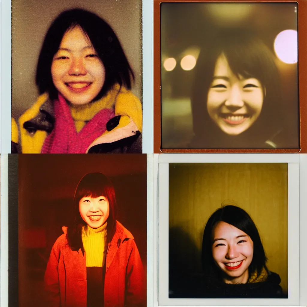 Prompt: a smiling young japanese woman on a snowy night, polaroid, close-up, yellow lights in the background