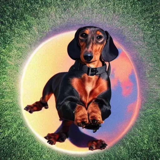 Image similar to dachshund jumping into a portal to another world