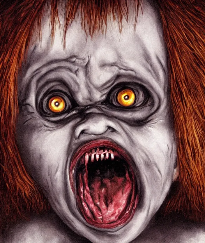 Image similar to gothic screaming chucky doll portrait by william - adolphe bouguerea, highly detailded