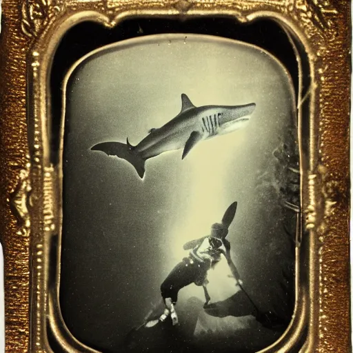 Image similar to underwater tintype ghost riding a shark