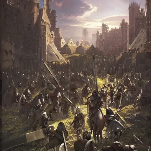 Image similar to a beautiful medieval battle between Knight and Templar against the Orcs, in anime style highly detailed by Raphael Lacoste, greg rutkowski, makoto shinkai