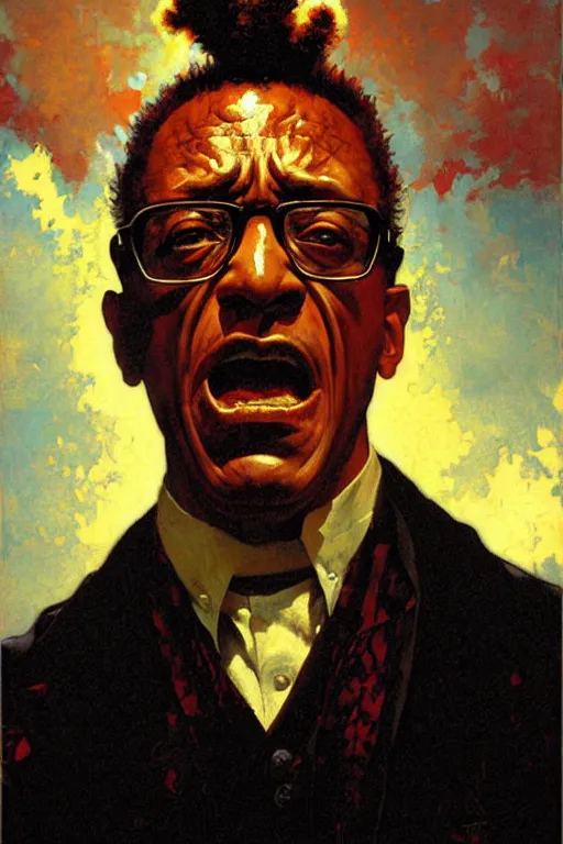 Prompt: gustavo fring angry, enraged, painting by'phil hale '!!! gaston bussiere, craig mullins, greg rutkowski, alphonse mucha