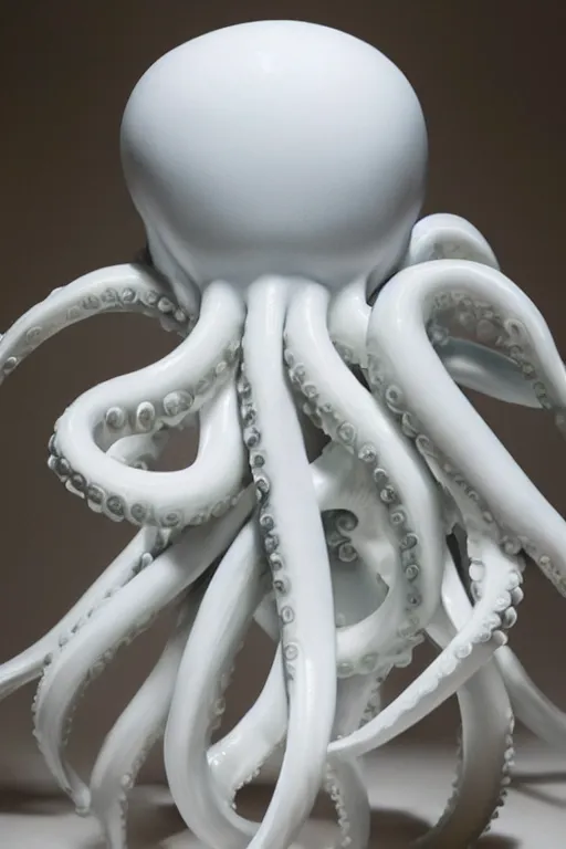 Image similar to full head and shoulders, beautiful porcelain female person, smooth, delicate facial features, white detailed eyes, white lashes, 3 d white shiny thick, large octopus tentacles and eyeballs by daniel arsham and james jean