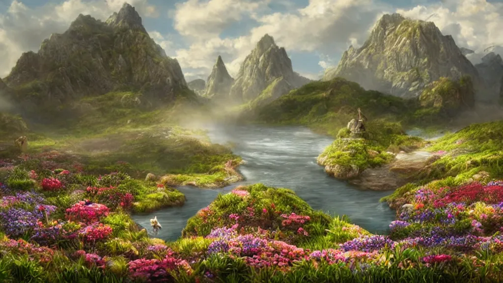 Prompt: Beautiful hyperrealistic detailed matte painting of a Landscape with a wide river in the middle of a meadow full of colorful flowers on the lost Vibes and mountains in the background, at the center there's a giant medieval fantasy portal gate with a rusty gold carved lion face at the center of it that takes you to another world, spring, delicate fog, sea breeze rises in the air, by andreas rocha and john howe, and Martin Johnson Heade, featured on artstation, featured on behance, golden ratio, ultrawide angle, f32, well composed