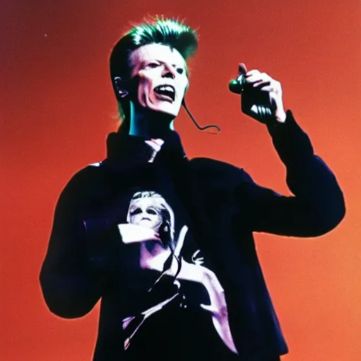 Prompt: david bowie singing into microphone wearing a clearly symbol yin - yang shirt, scene in space, avant - garde painting