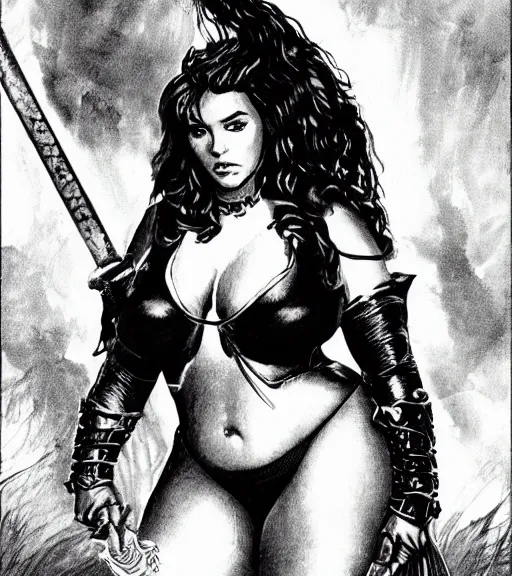 Image similar to 1 9 8 0 s fantasy novel book cover, bbw plus size amazonian victoria justice in extremely tight bikini armor wielding a cartoonishly large sword, exaggerated body features, dark and smoky background, low quality print