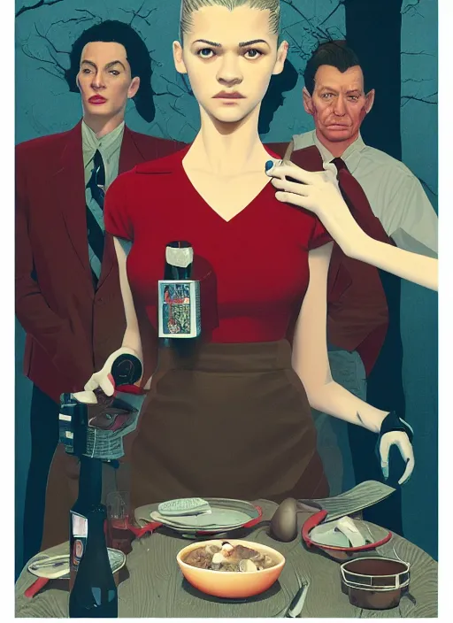 Image similar to Twin Peaks poster artwork by Michael Whelan, Bob Larkin and Tomer Hanuka, Karol Bak of Zendaya is a high school student working at the diner wearing waitress dress, from scene from Twin Peaks, simple illustration, domestic, nostalgic, from scene from Twin Peaks, clean