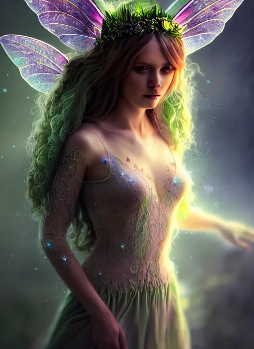 Image similar to beautiful full body portrait fairy faerie fey fae queen forest spirit highly detailed CGsociety subtle enchanting alluring magical concept art HDR hyper realistic volumetric lighting subsurface scattering unreal