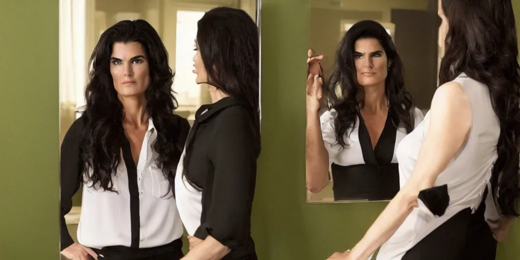 Image similar to ultra wide angle color photo of angie harmon dressed in a white blouse and black dress pants as jen walters looking at herself in a bathroom mirror and seeing her reflection as the green skinned she hulk