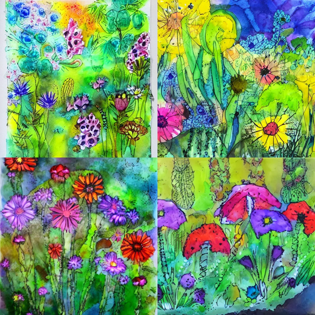 Prompt: summer garden, alcohol ink painting