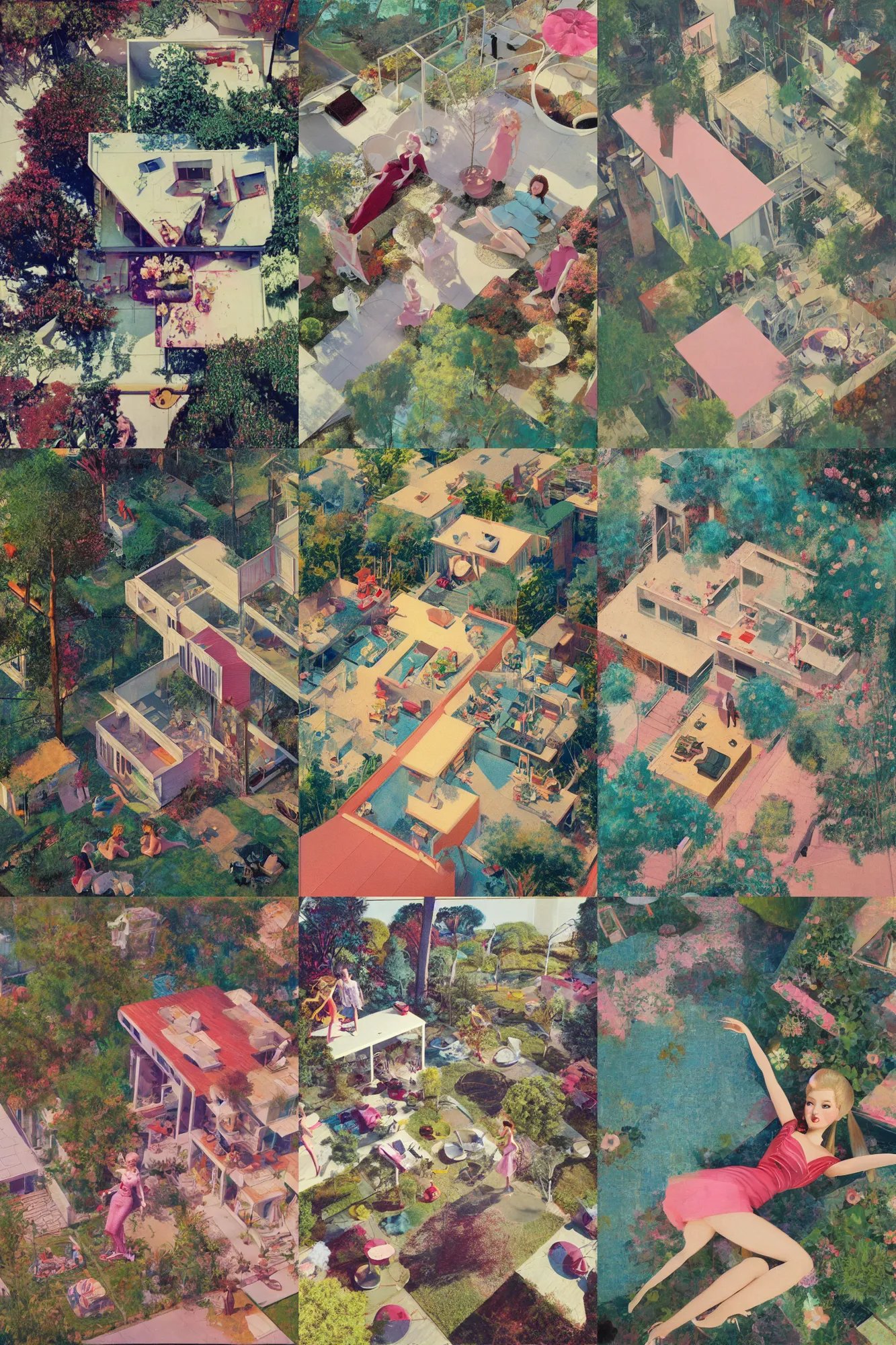 Prompt: living barbie doll peignoir, mid-century modern home, kodachrome, angle from above, part by Craig Mullins, part by victo ngai, oil on canvas,