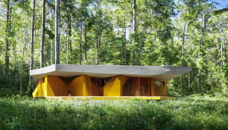 Image similar to A wide image of a full innovative contemporary 3D printed prefab sea ranch style cabin with rounded corners and angles, beveled edges, made of cement and concrete, organic architecture, in a lush green forest Designed by Gucci and Wes Anderson, golden hour