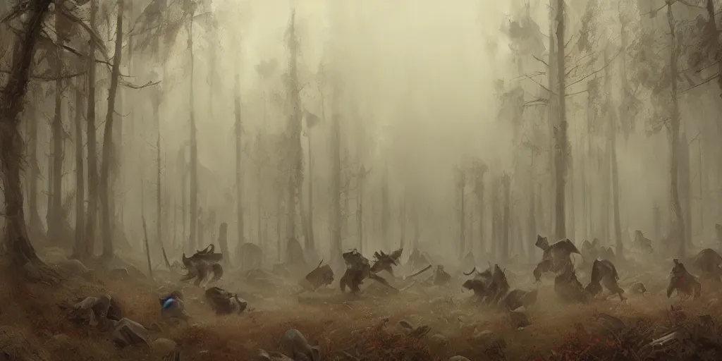 Image similar to a painting of a group of medieval villagers being attacked by wolves in a foggy dense forest by greg rutkowski, dark fantasy art, high detail, trending on artstation