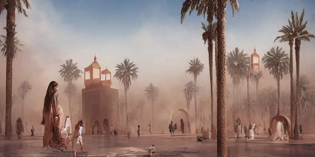 Prompt: sandstorm in marrakech, palm trees, moroccan mosque, wlop, james jean, tom bagshaw, rococo, trending on artstation, fantasy, intricate, elegant, highly detailed, digital painting, concept art, smooth, illustration, cinematic lighting, hyper realism, octane render, 8 k, hyper detailed.