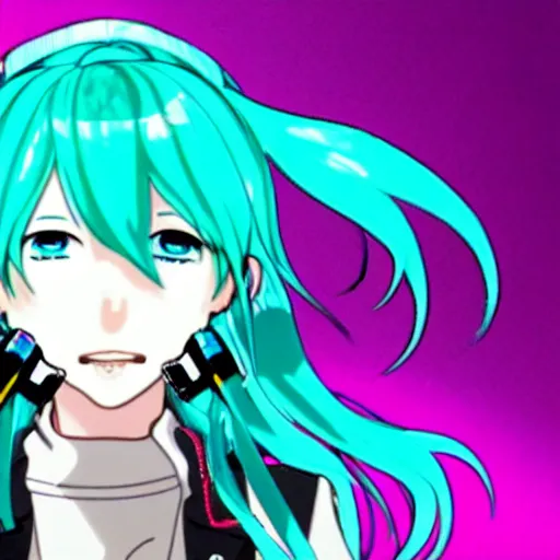 Image similar to hatsune miku high on weed with bloodshot eyes smoking with a vape pen.