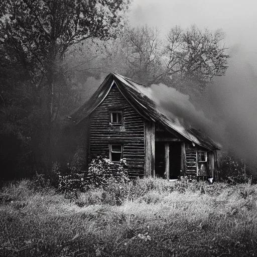 Image similar to a dark wood with an old cottage in state of dis - repair smoke rising, ghosts