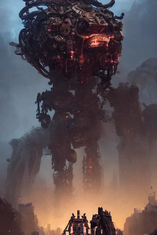 Image similar to a beautiful portrait of a giant mechanical beast by Greg Rutkowski, Sung Choi, Mitchell Mohrhauser, Maciej Kuciara, Johnson Ting, Maxim Verehin, Peter Konig, final fantasy, Marco lense , 8k photorealistic, cinematic lighting, HD, high details, atmospheric , trending on artstation