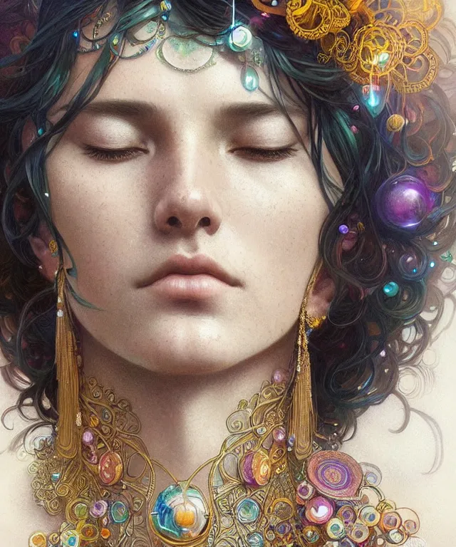 Image similar to a meditating new age hippie with beads and crystals, portrait, intricate, elegant, highly detailed, digital painting, artstation, concept art, smooth, sharp focus, illustration, art by artgerm and greg rutkowski and alphonse mucha