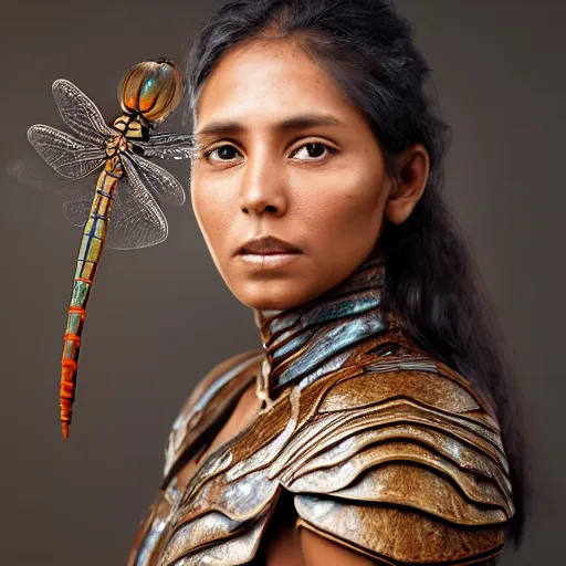 Image similar to a majestic brown warrior woman wearing a dragonfly armor. woman is face to face with a tiger. studio portrait. photorealistic.