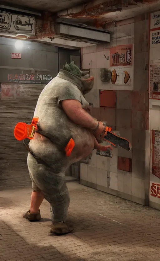 Prompt: fat pig with a human height with a chainsaw in the subway, photo, photorealistic, detailed, 8 k, hdr, high quality, high resolution, lossless quality, lossless, 4 k, 1 6 k