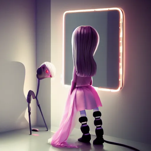 Prompt: cute fumo plush of a plastic shining robot girl in the mirror looking at reflection, not the same person, anime, vray, asymmetry