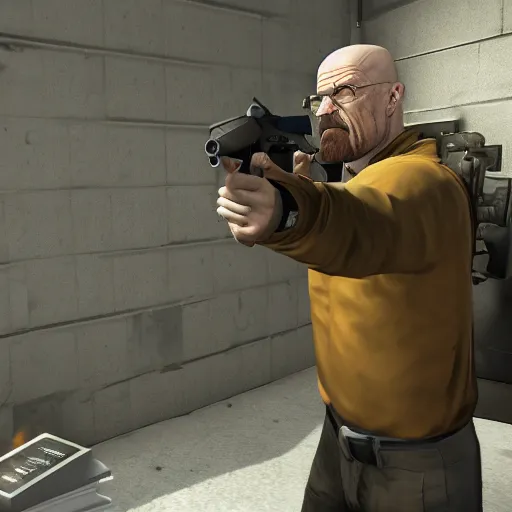 Prompt: walter white with a p 9 0 submachine gun in csgo, video game, third person, shooting at distant targets, high resolution