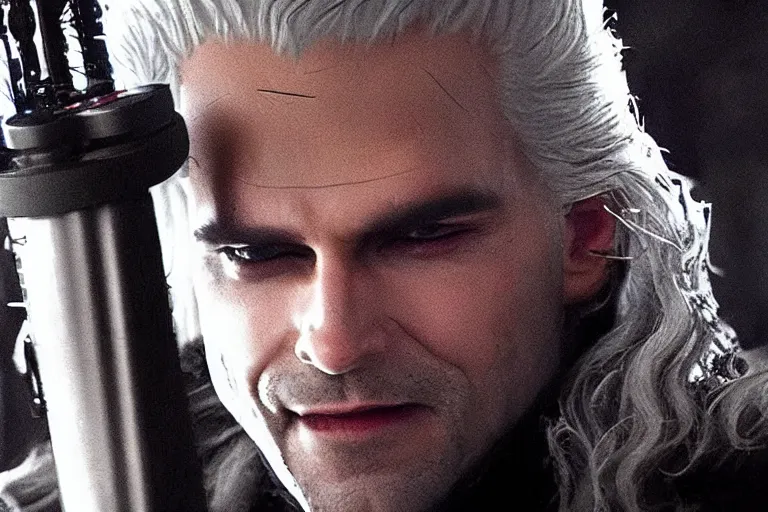 Image similar to vfx movie closeup modern suave handsome grinning vampire with long white hair, trench coat, dual wielding large revolvers, leaping into the air, low gravity in a shattered reality of new york city, cool aviators witcher show and game of thrones in new york by emmanuel lubezki