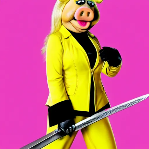 Prompt: Miss Piggy in yellow motorcycle suit swordfighting, Kill Bill, photo, 4k, detailed
